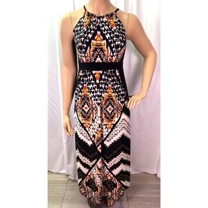 Chico’s Size 3 XLarge Halter Maxi Dress Aztec Black Orange Geometric Print NWOT